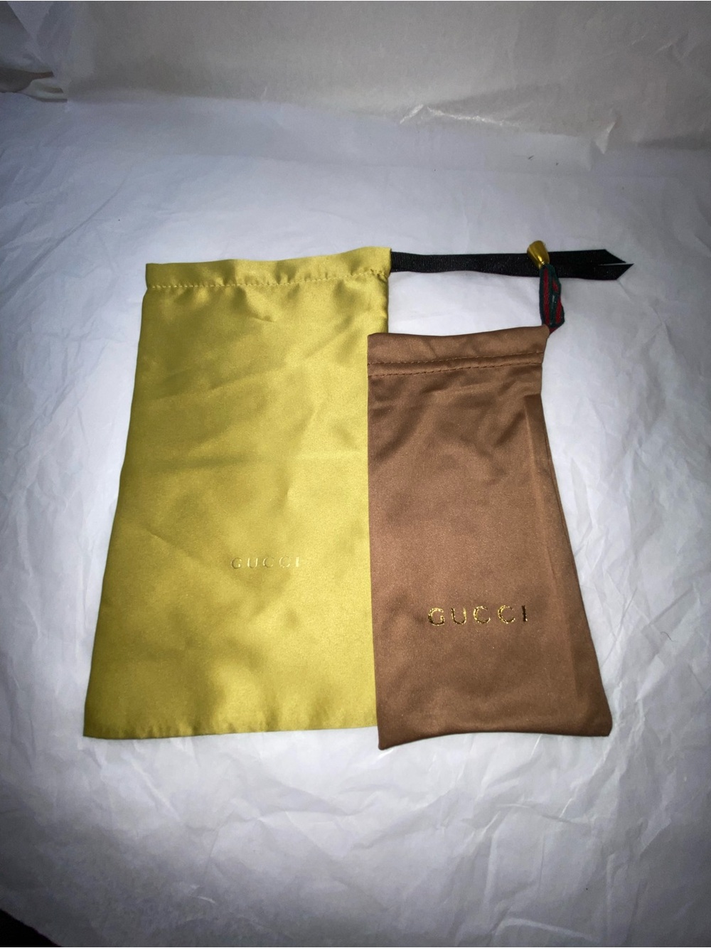 Gucci Satin Drawstring Pouches in Yellow-Green and Brown for glasses